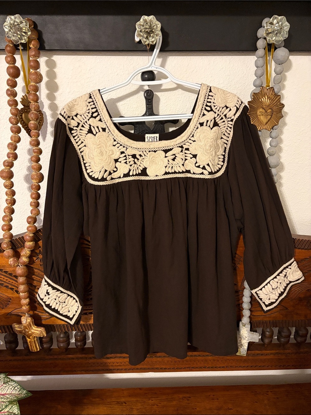 Sister Mary Brown Woven Peasant Top with Cream Embroidery